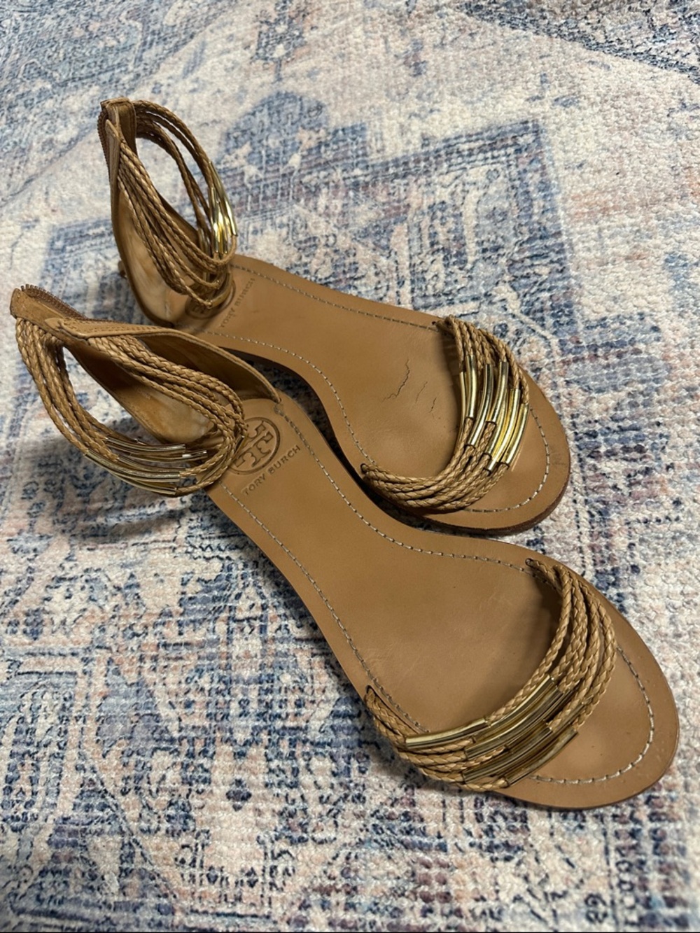 Tory Burch Braided Tan Leather Sandals with Gold Hardware